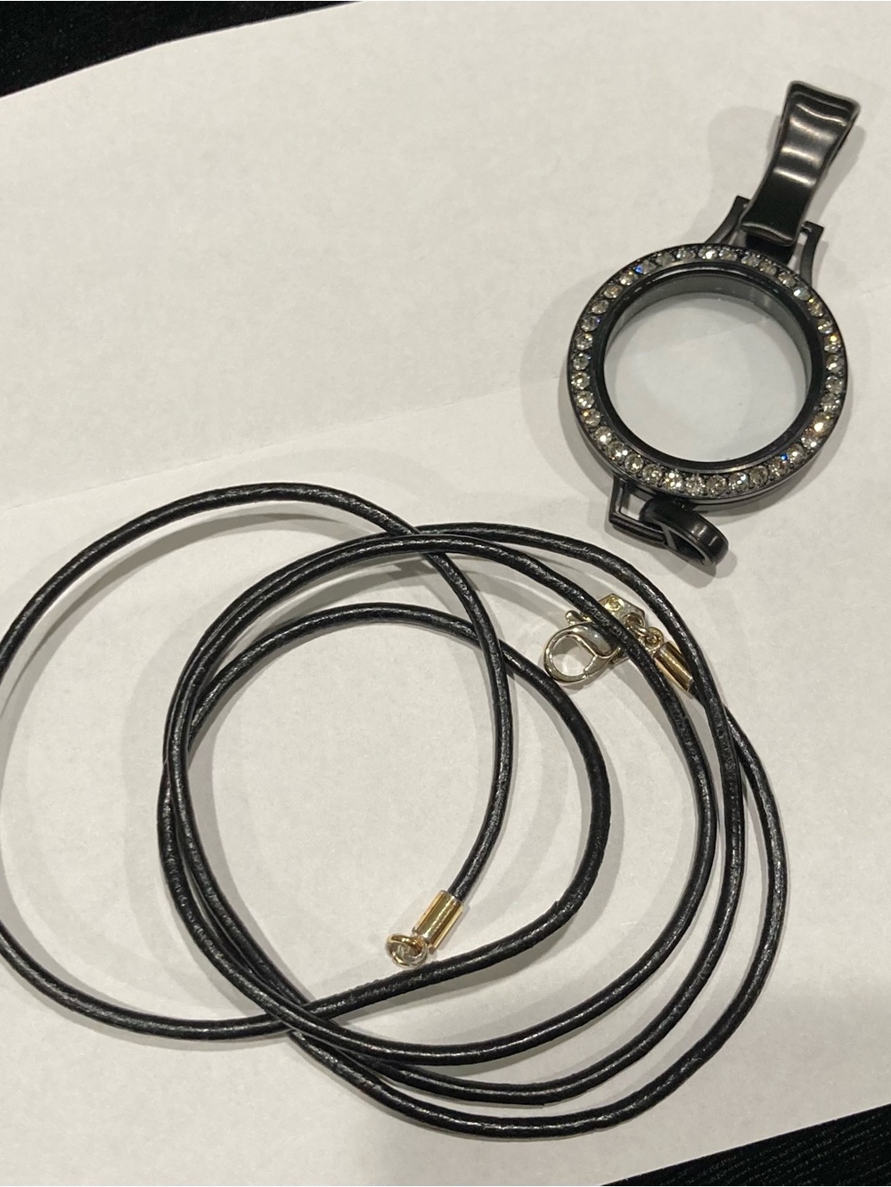 Origami Owl Black Leather Locket Lanyard with Crystal-Trimmed Pendant